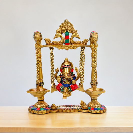 Buy Brass Ganesh Bhagwan Jhula with Two Diyas – Handcrafted Ganesha Idol 22.9 cm Nikuressence