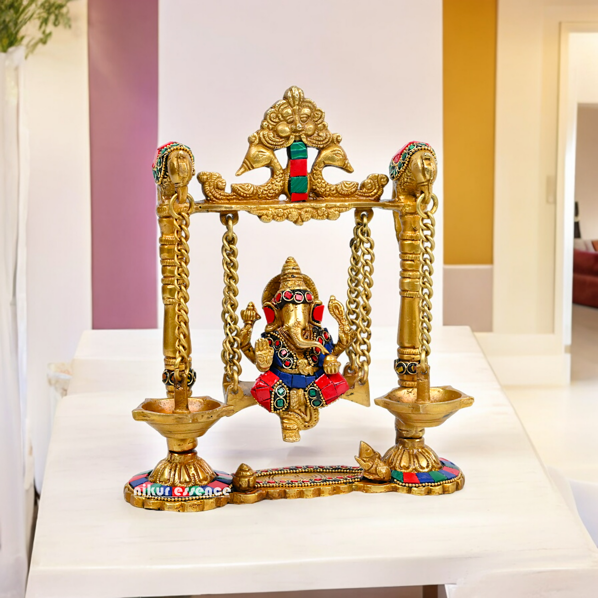 Buy Brass Ganesh Bhagwan Jhula with Two Diyas – Handcrafted Ganesha Idol 22.9 cm Nikuressence