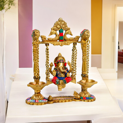 Buy Brass Ganesh Bhagwan Jhula with Two Diyas – Handcrafted Ganesha Idol 22.9 cm Nikuressence