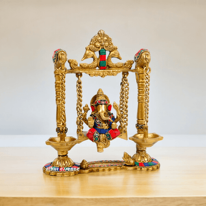 Buy Brass Ganesh Bhagwan Jhula with Two Diyas – Handcrafted Ganesha Idol 22.9 cm Nikuressence