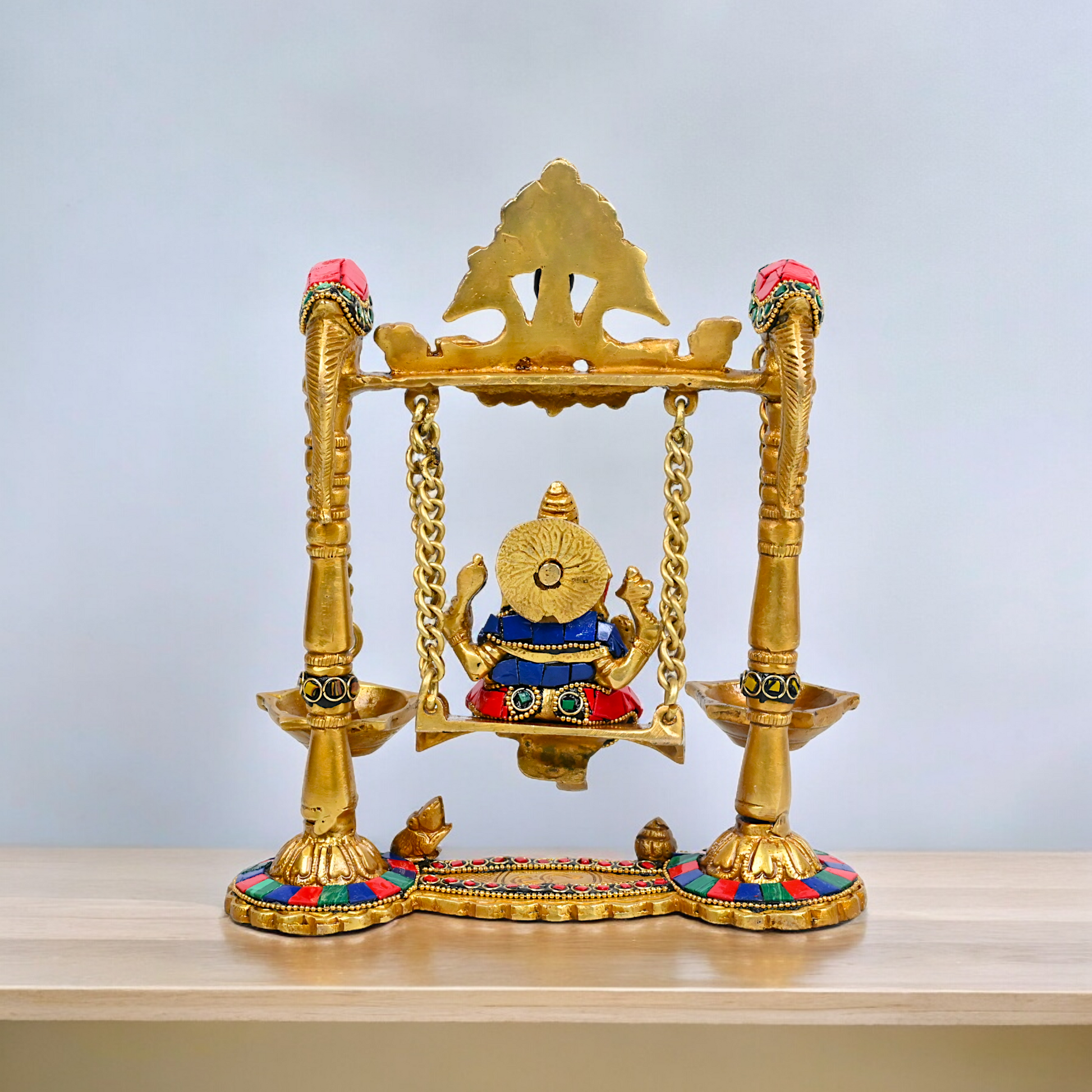 Buy Brass Ganesh Bhagwan Jhula with Two Diyas – Handcrafted Ganesha Idol 22.9 cm Nikuressence
