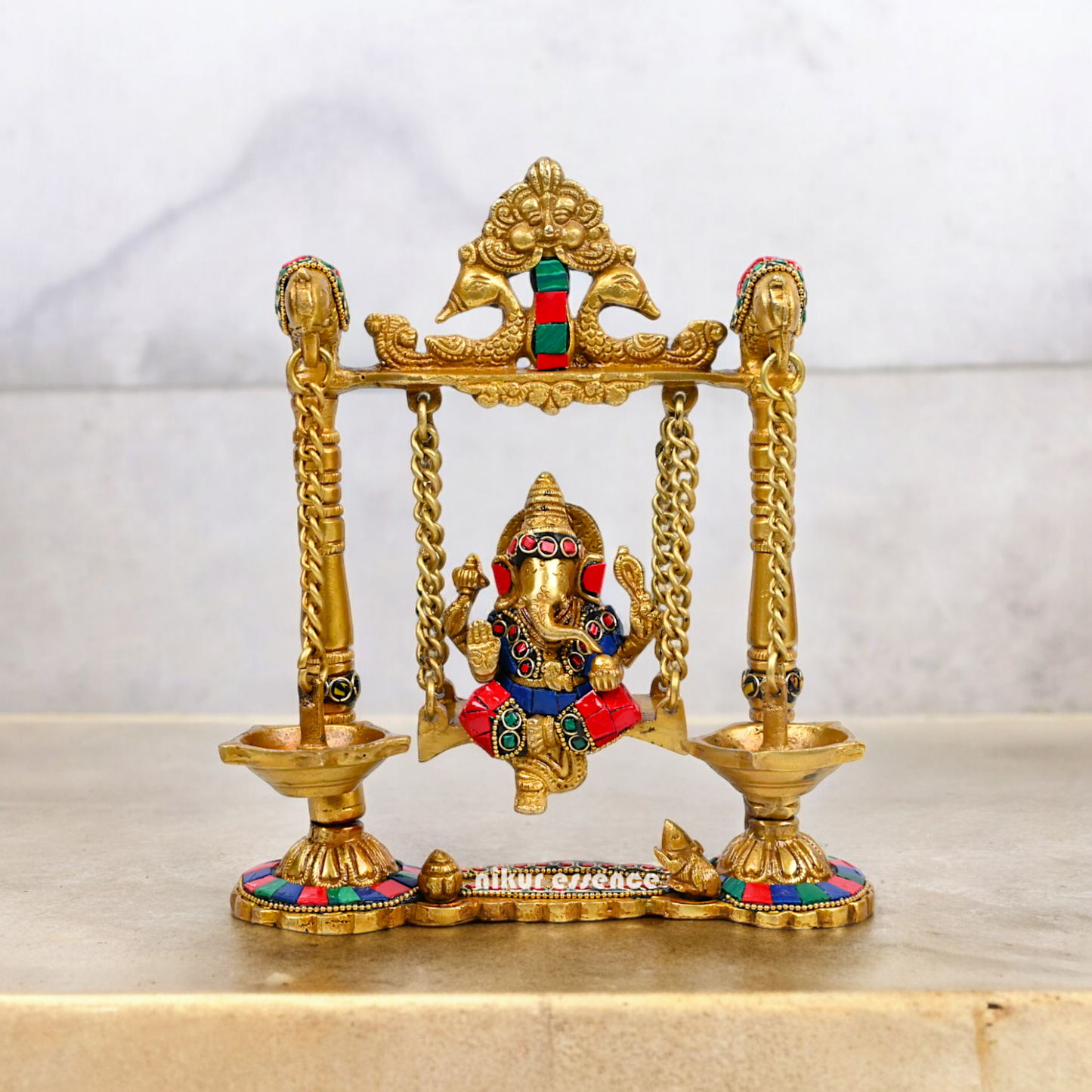 Buy Brass Ganesh Bhagwan Jhula with Two Diyas – Handcrafted Ganesha Idol 22.9 cm Nikuressence