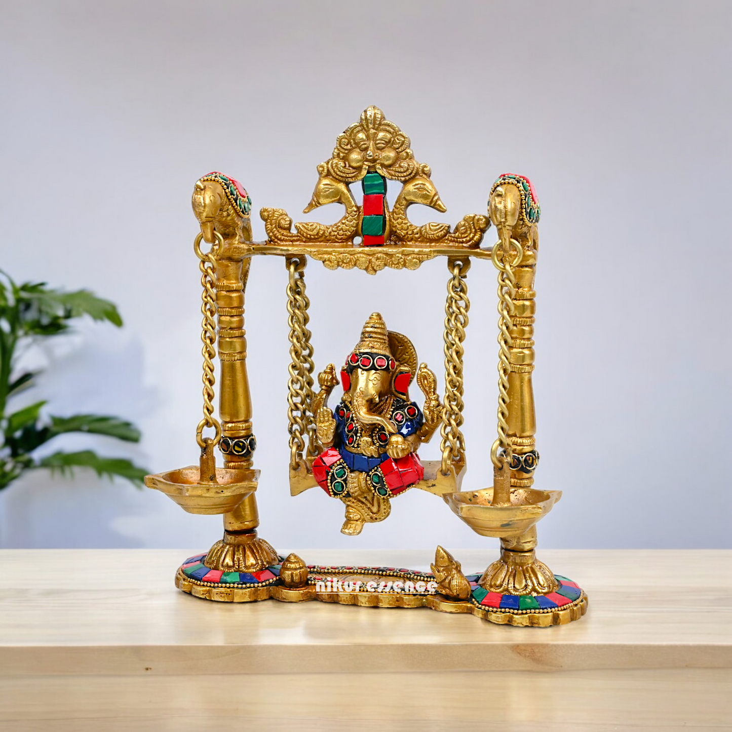 Buy Brass Ganesh Bhagwan Jhula with Two Diyas – Handcrafted Ganesha Idol 22.9 cm Nikuressence