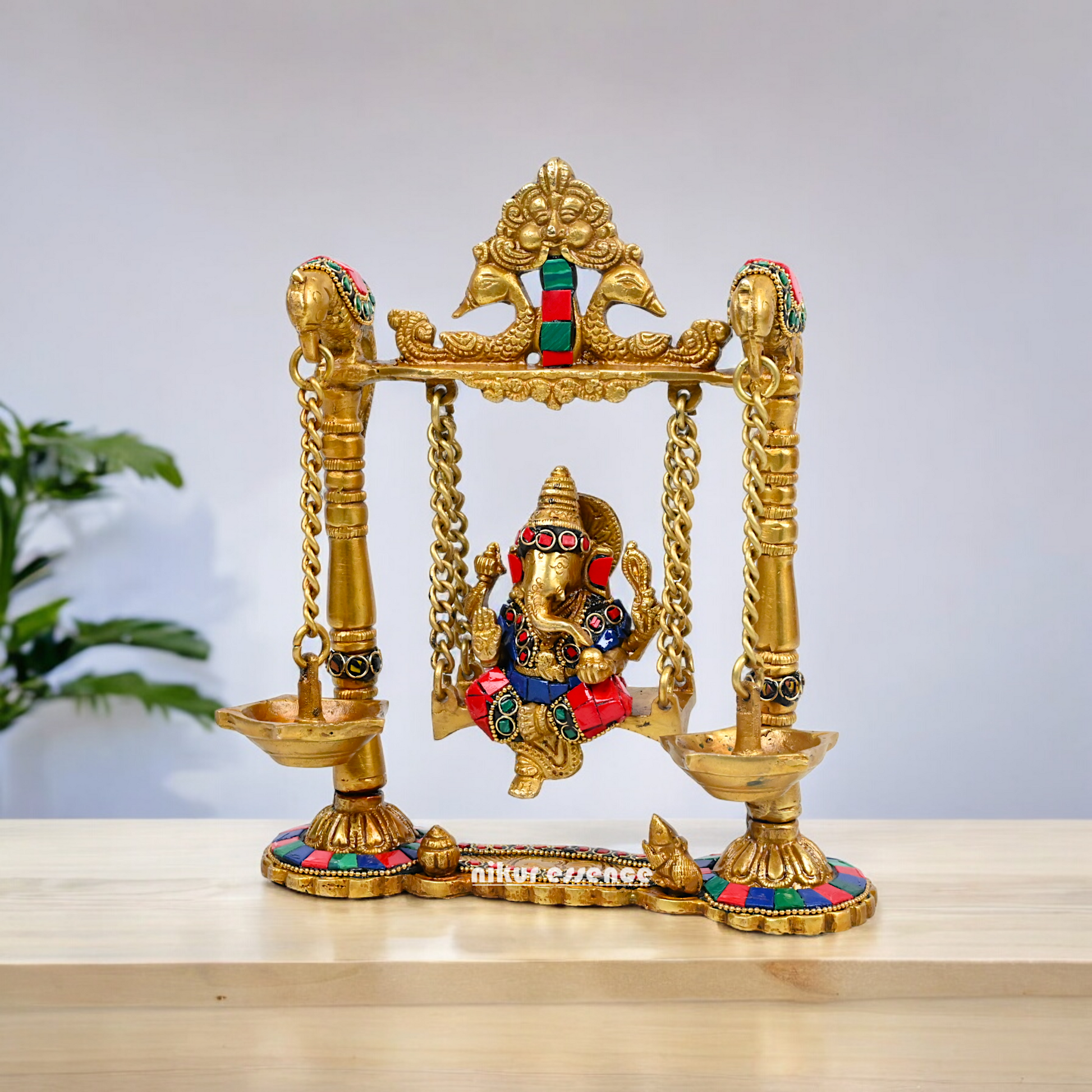 Buy Brass Ganesh Bhagwan Jhula with Two Diyas – Handcrafted Ganesha Idol 22.9 cm Nikuressence