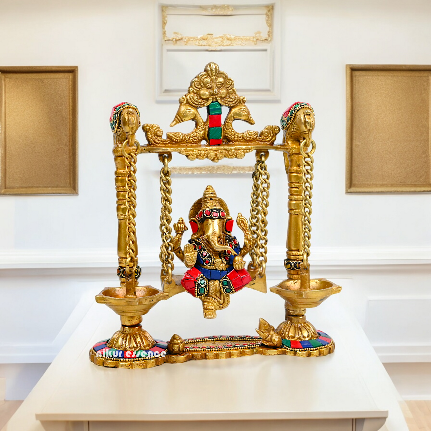 Buy Brass Ganesh Bhagwan Jhula with Two Diyas – Handcrafted Ganesha Idol 22.9 cm Nikuressence