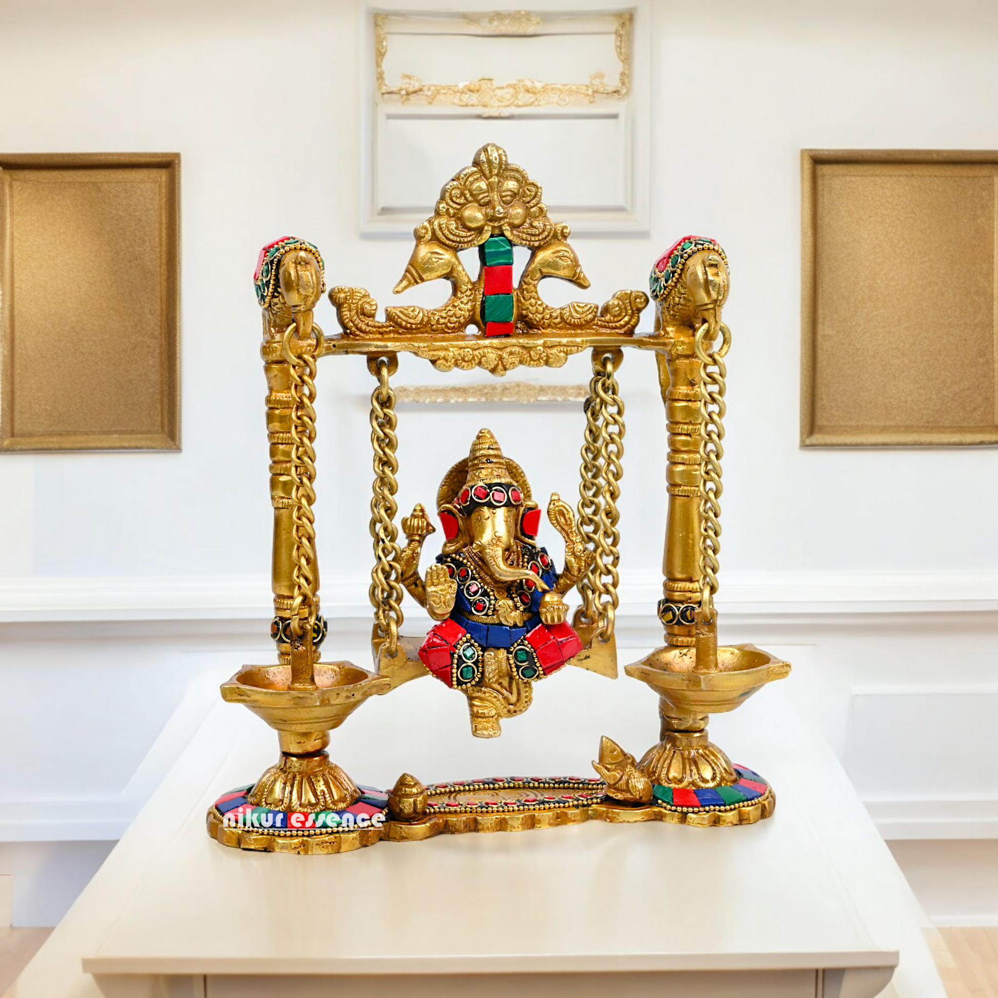 Buy Brass Ganesh Bhagwan Jhula with Two Diyas – Handcrafted Ganesha Idol 22.9 cm Nikuressence