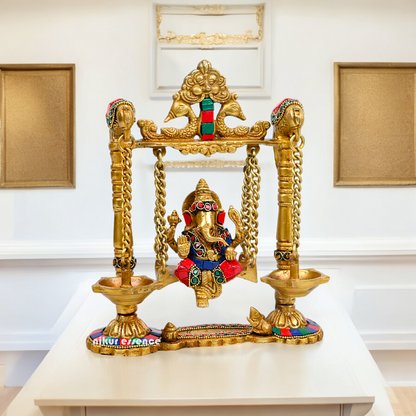 Buy Brass Ganesh Bhagwan Jhula with Two Diyas – Handcrafted Ganesha Idol 22.9 cm Nikuressence