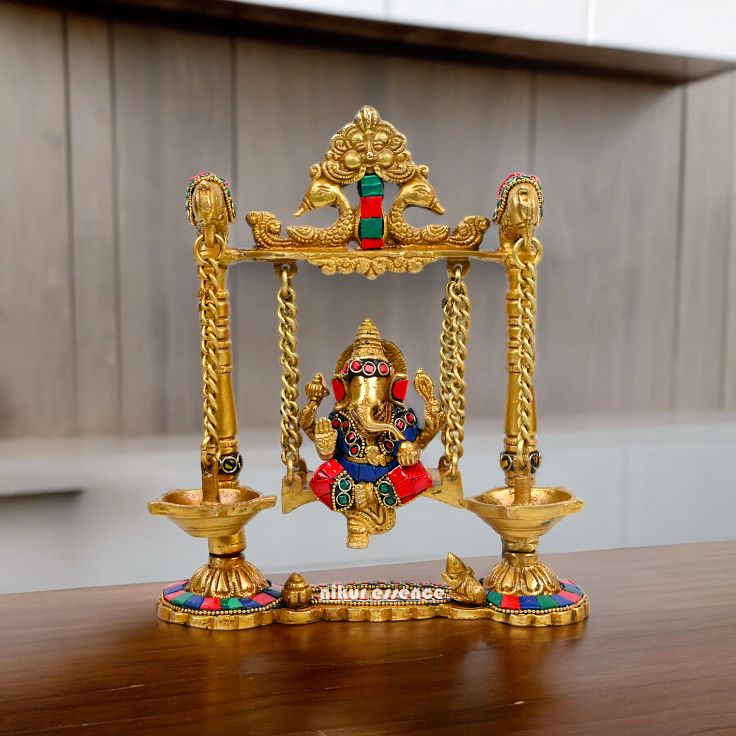 Buy Brass Ganesh Bhagwan Jhula with Two Diyas – Handcrafted Ganesha Idol 22.9 cm Nikuressence