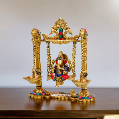 Buy Brass Ganesh Bhagwan Jhula with Two Diyas – Handcrafted Ganesha Idol 22.9 cm Nikuressence