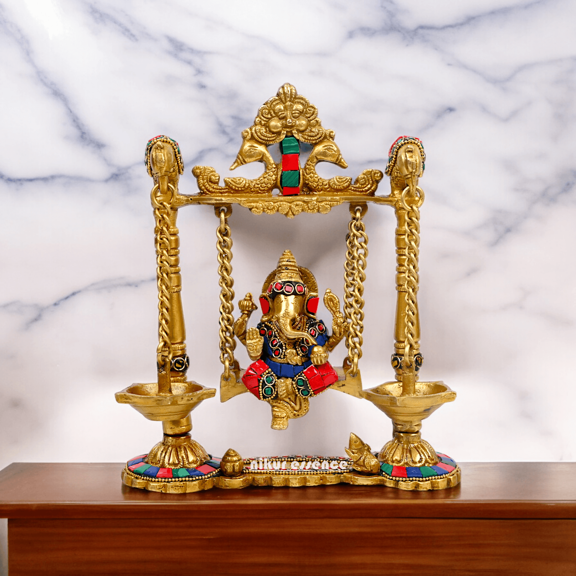Buy Brass Ganesh Bhagwan Jhula with Two Diyas – Handcrafted Ganesha Idol 22.9 cm Nikuressence