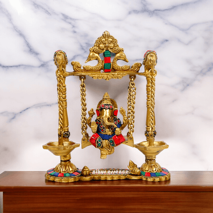Buy Brass Ganesh Bhagwan Jhula with Two Diyas – Handcrafted Ganesha Idol 22.9 cm Nikuressence