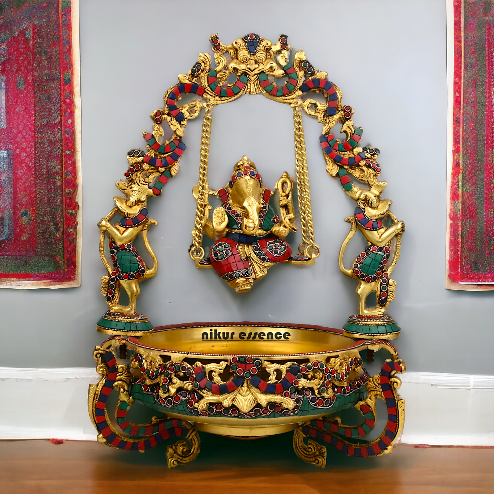 Brass Ganesh Jhula Urli with stone work -nikuressence Nikuressence