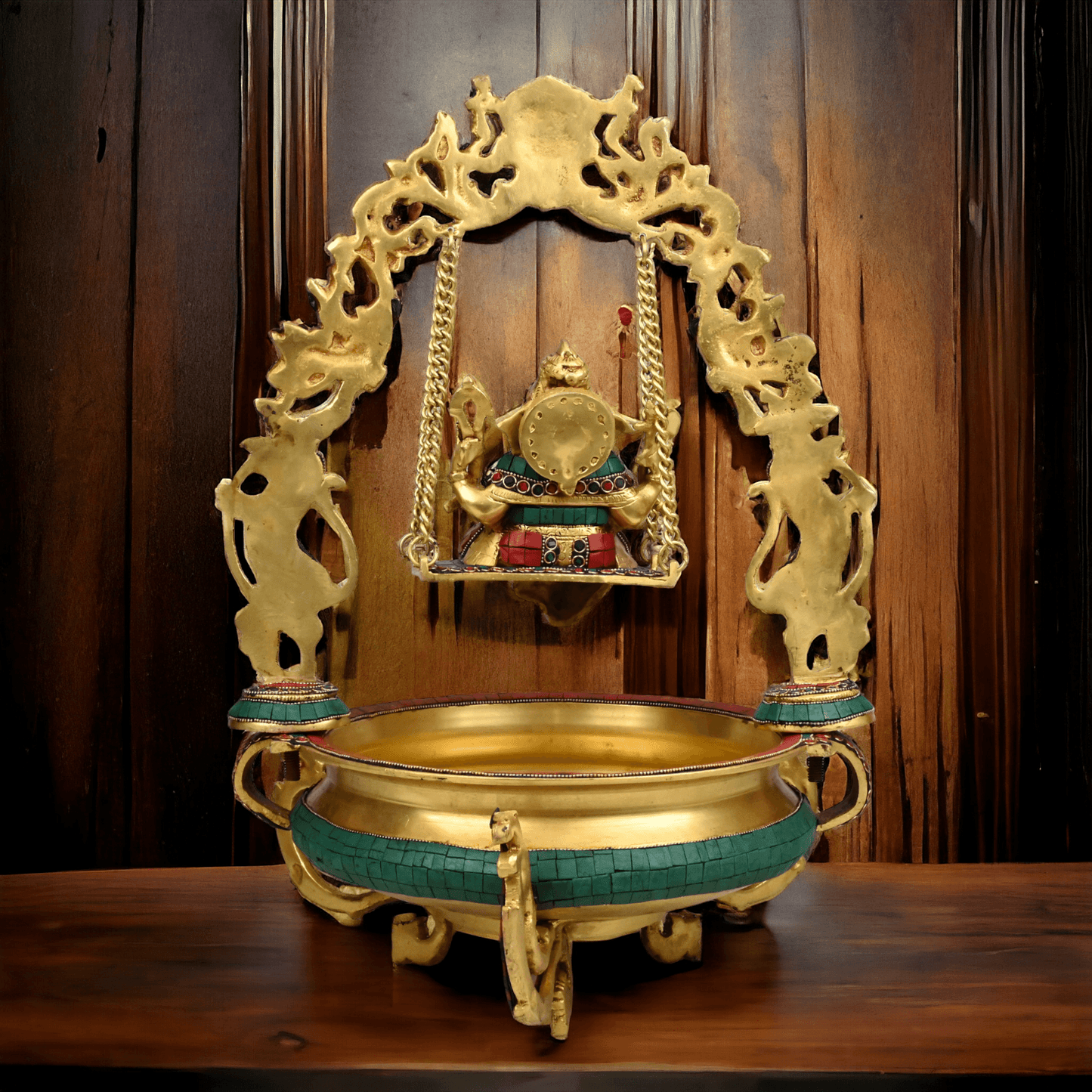 Brass Ganesh Jhula Urli with stone work -nikuressence Nikuressence