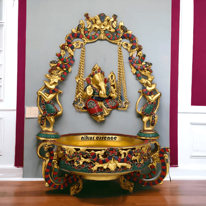 Brass Ganesh Jhula Urli with stone work -nikuressence Nikuressence