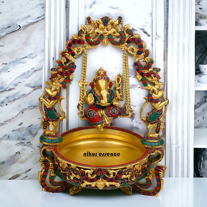 Large Brass Ganesh Urli with stone work by Nikur Essence - 21 Inch Nikuressence