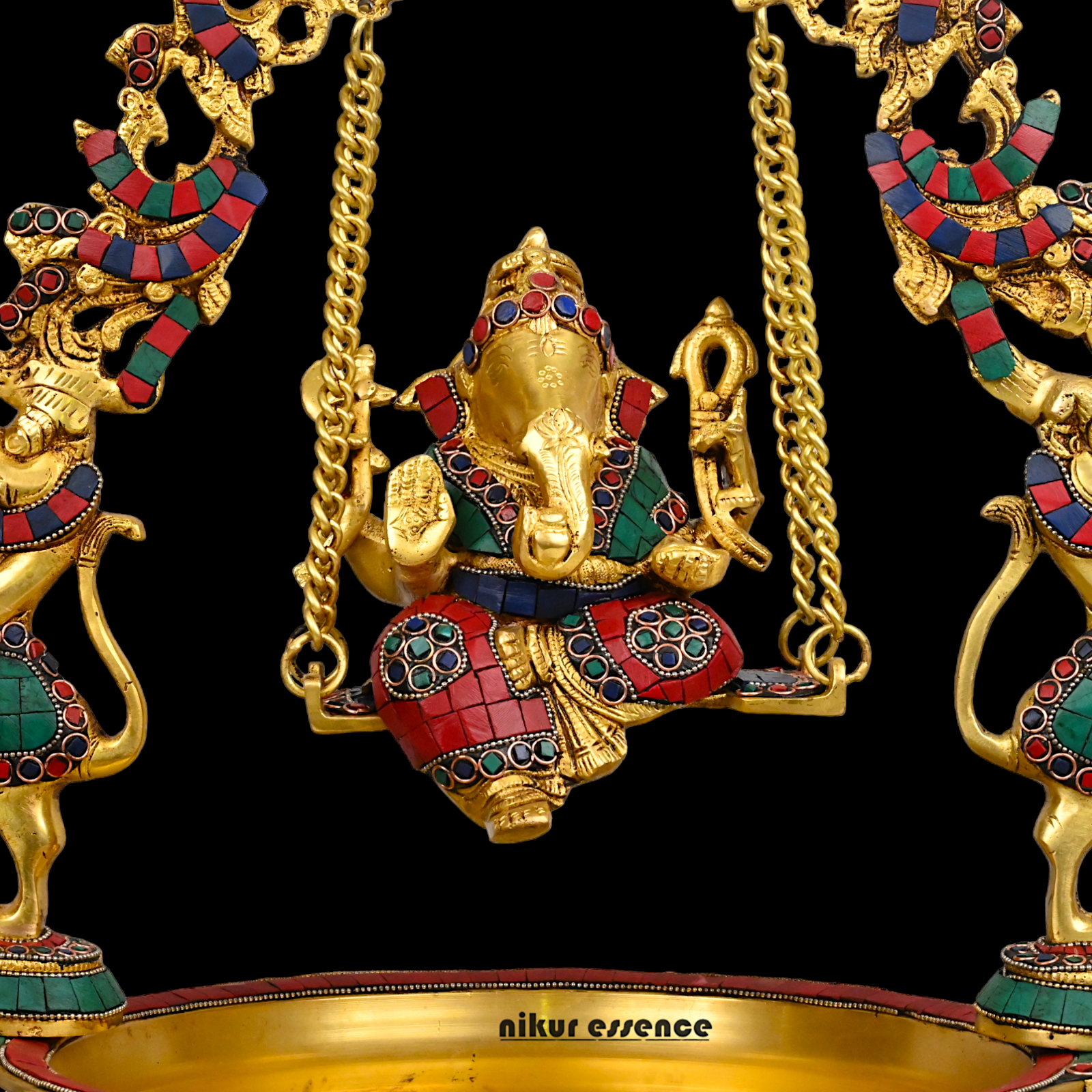Large Brass Ganesh Urli with stone work by Nikur Essence - 21 Inch Nikuressence