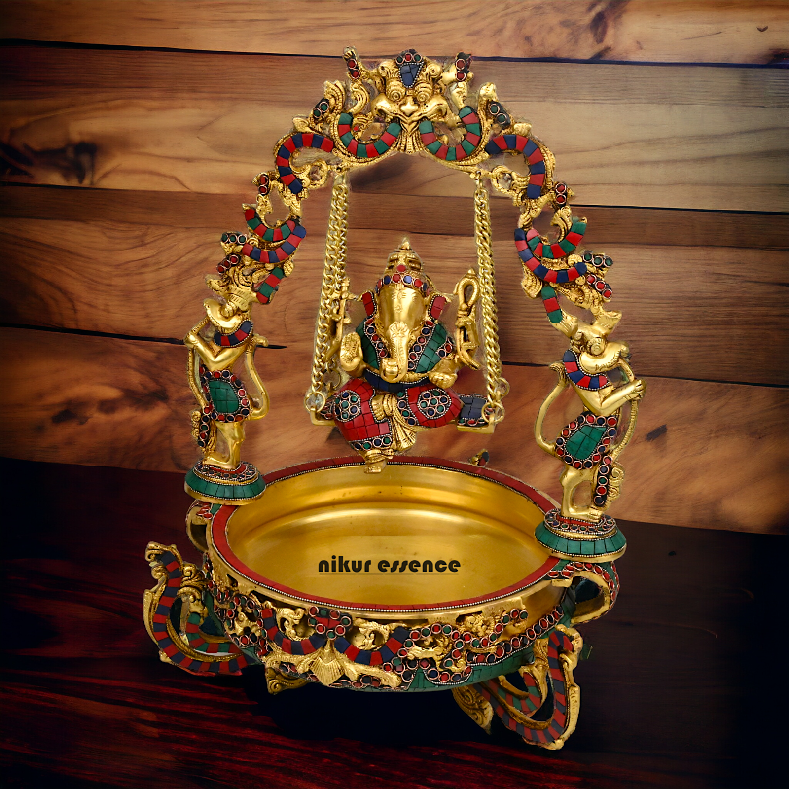 Large Brass Ganesh Urli with stone work by Nikur Essence - 21 Inch Nikuressence