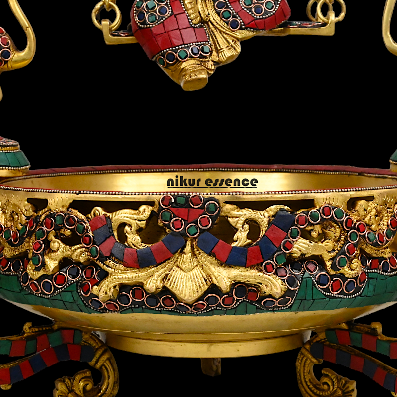 Large Brass Ganesh Urli with stone work by Nikur Essence - 21 Inch Nikuressence