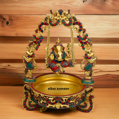 Large Brass Ganesh Urli with stone work by Nikur Essence - 21 Inch Nikuressence