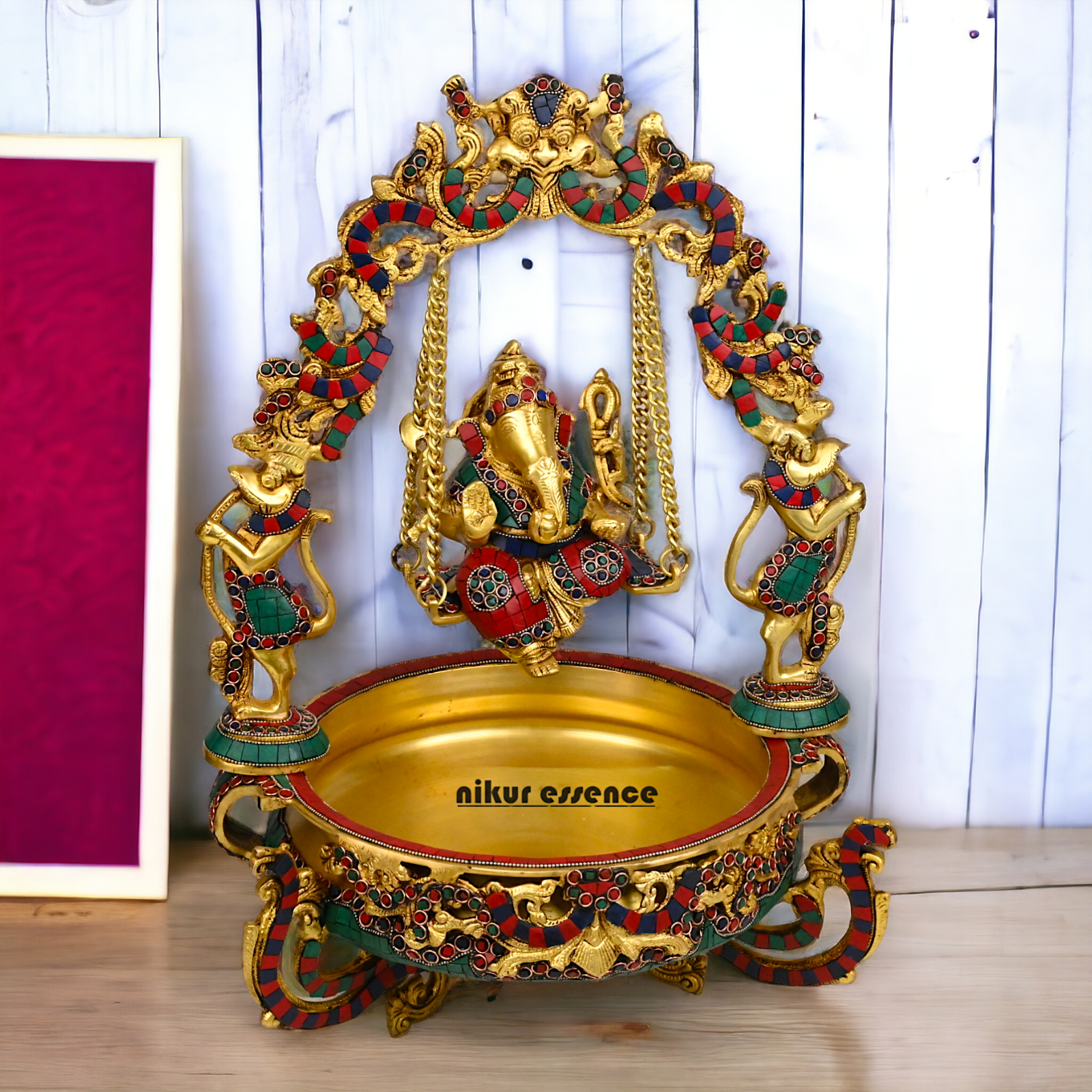 Large Brass Ganesh Urli with stone work by Nikur Essence - 21 Inch Nikuressence
