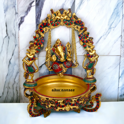 Large Brass Ganesh Urli with stone work by Nikur Essence - 21 Inch Nikuressence