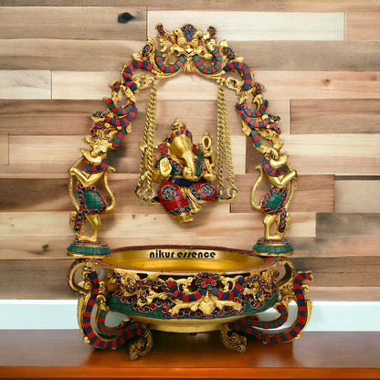 Large Brass Ganesh Urli with stone work by Nikur Essence - 21 Inch Nikuressence