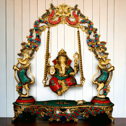 Lord brass Ganesh swing with Inlay work by Nikur Essence - 45.5 cm Height Nikuressence