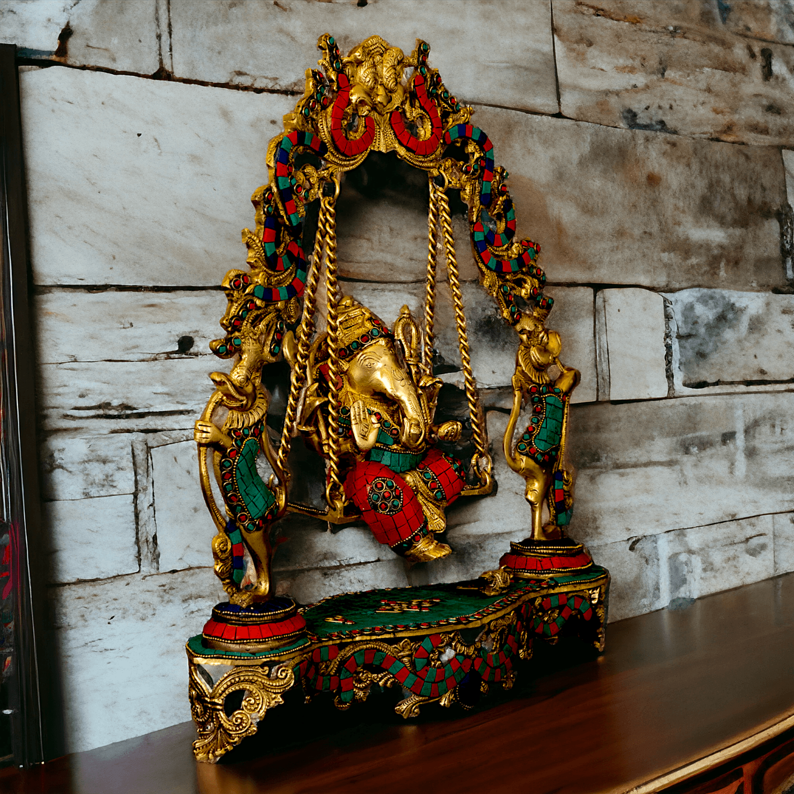 Lord brass Ganesh swing with Inlay work by Nikur Essence - 45.5 cm Height Nikuressence
