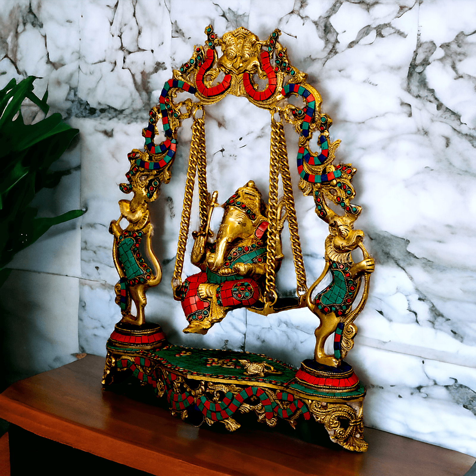 Lord brass Ganesh swing with Inlay work by Nikur Essence - 45.5 cm Height Nikuressence
