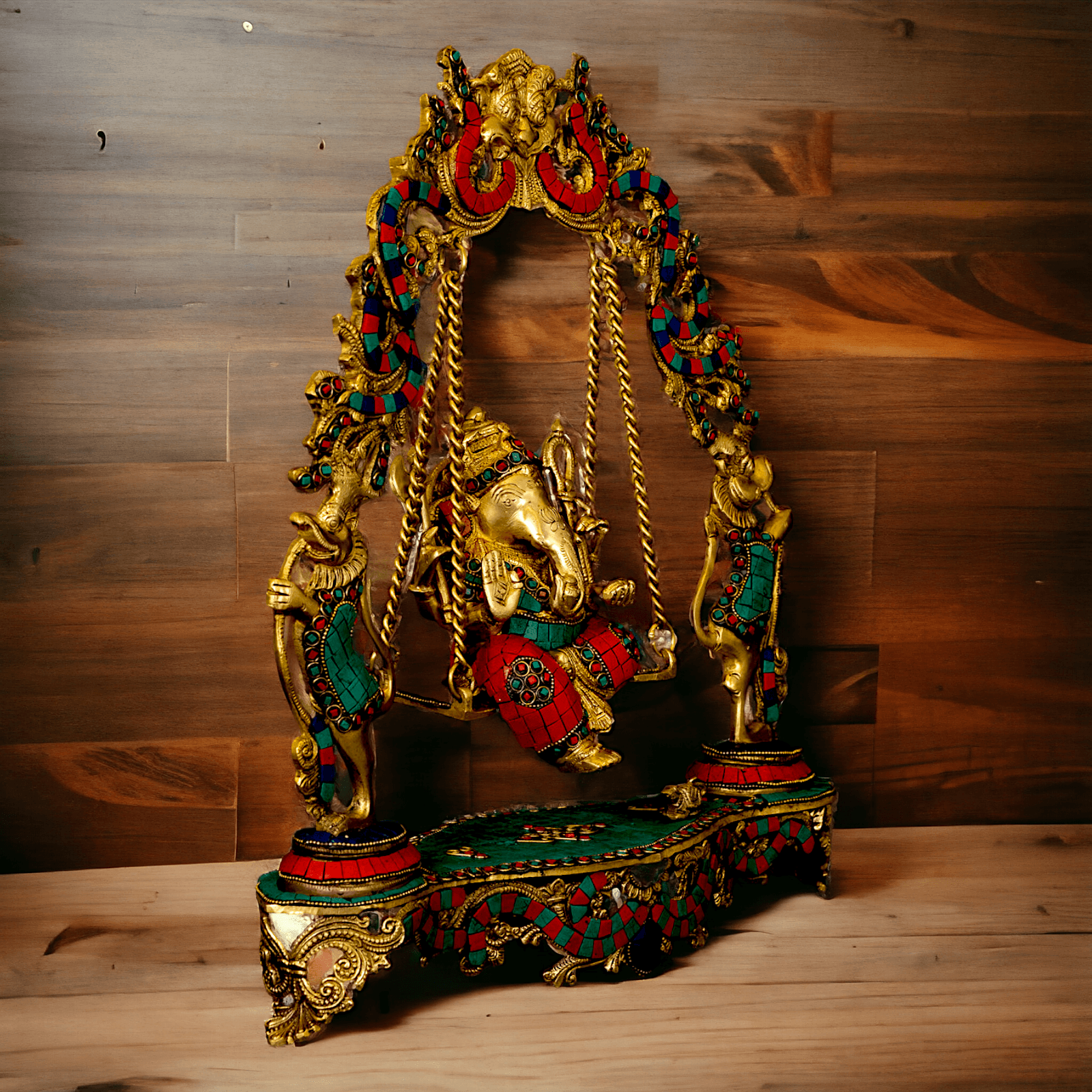 Lord brass Ganesh swing with Inlay work by Nikur Essence - 45.5 cm Height Nikuressence