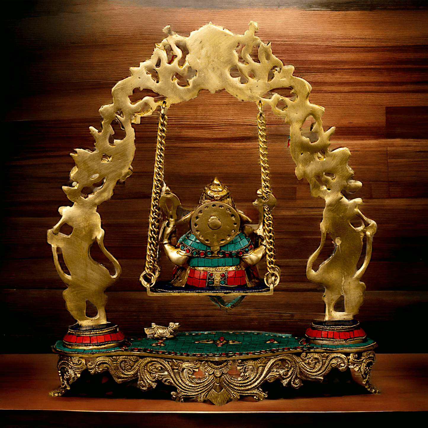 Lord brass Ganesh swing with Inlay work by Nikur Essence - 45.5 cm Height Nikuressence