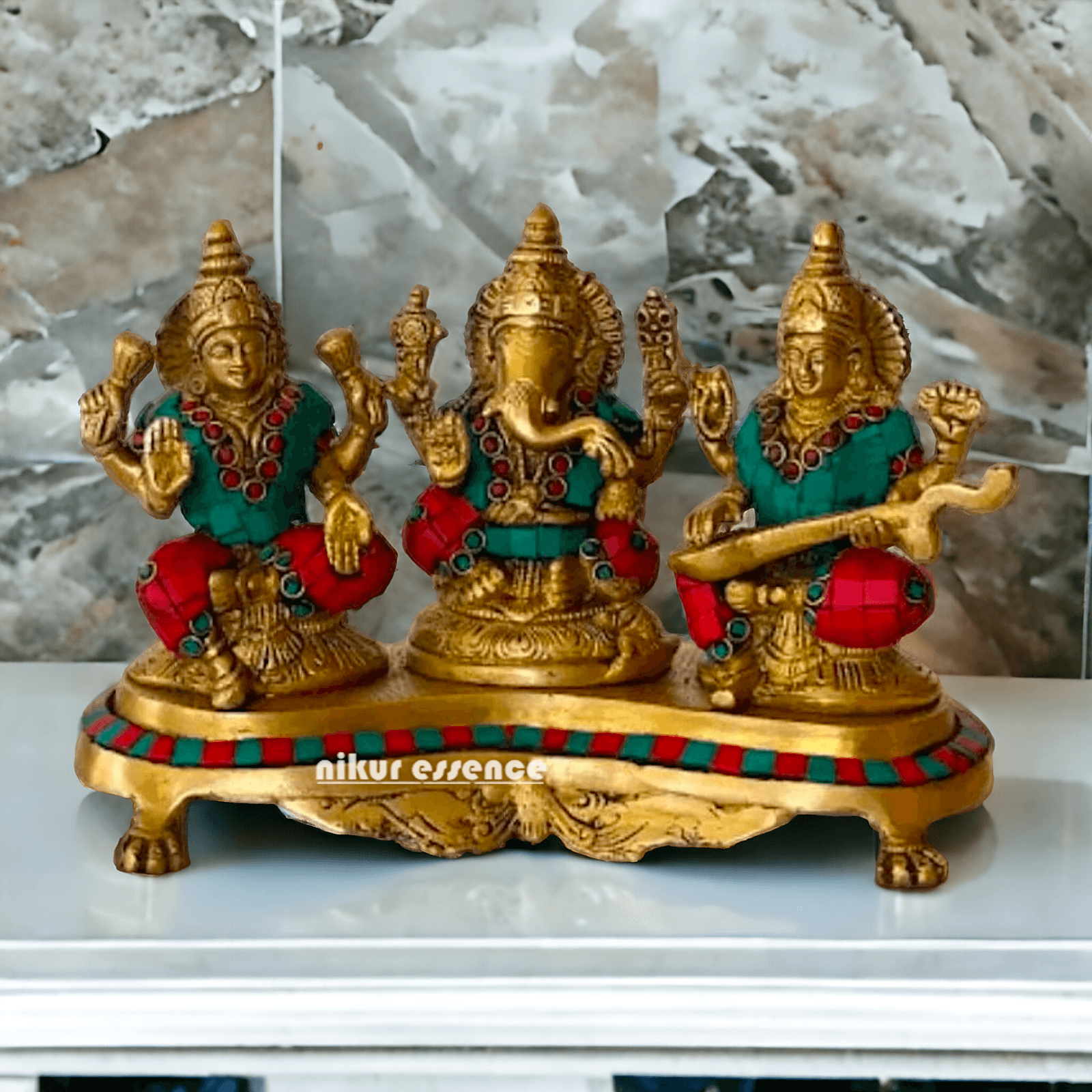 Online buy Brass Statue of Lord Ganesha Lakshmi Saraswati – nikuressence Nikuressence