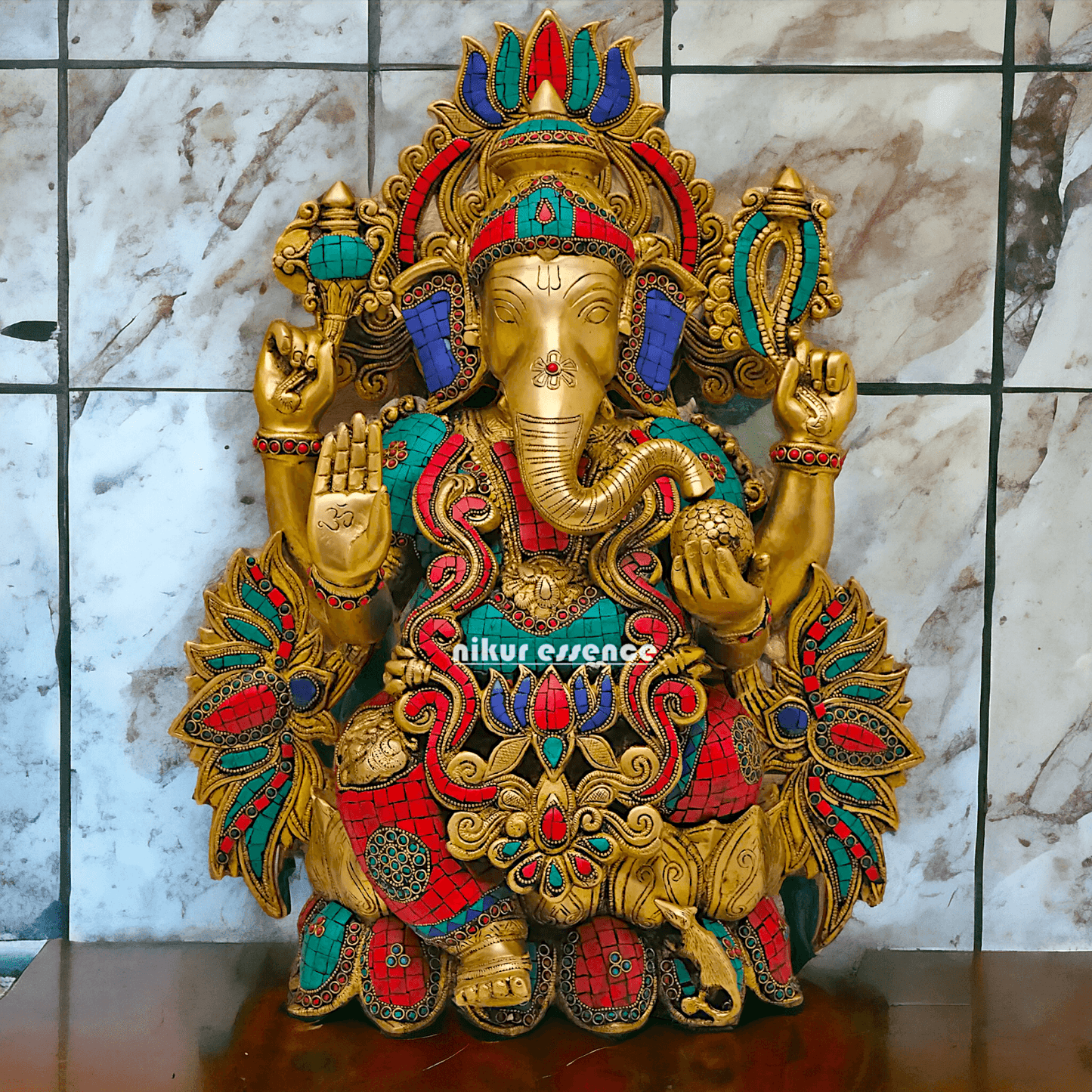 Buy Brass Ganesha Seated on Lotus with stone work - 53 Cm Height Nikuressence