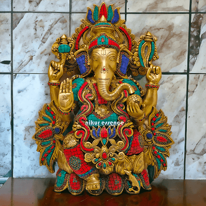 Buy Brass Ganesha Seated on Lotus with stone work - 53 Cm Height Nikuressence