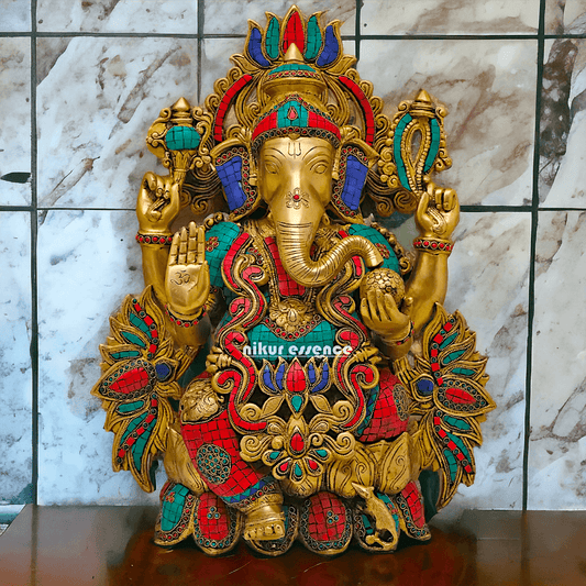 Buy Brass Ganesha Seated on Lotus with stone work - 53 Cm Height Nikuressence