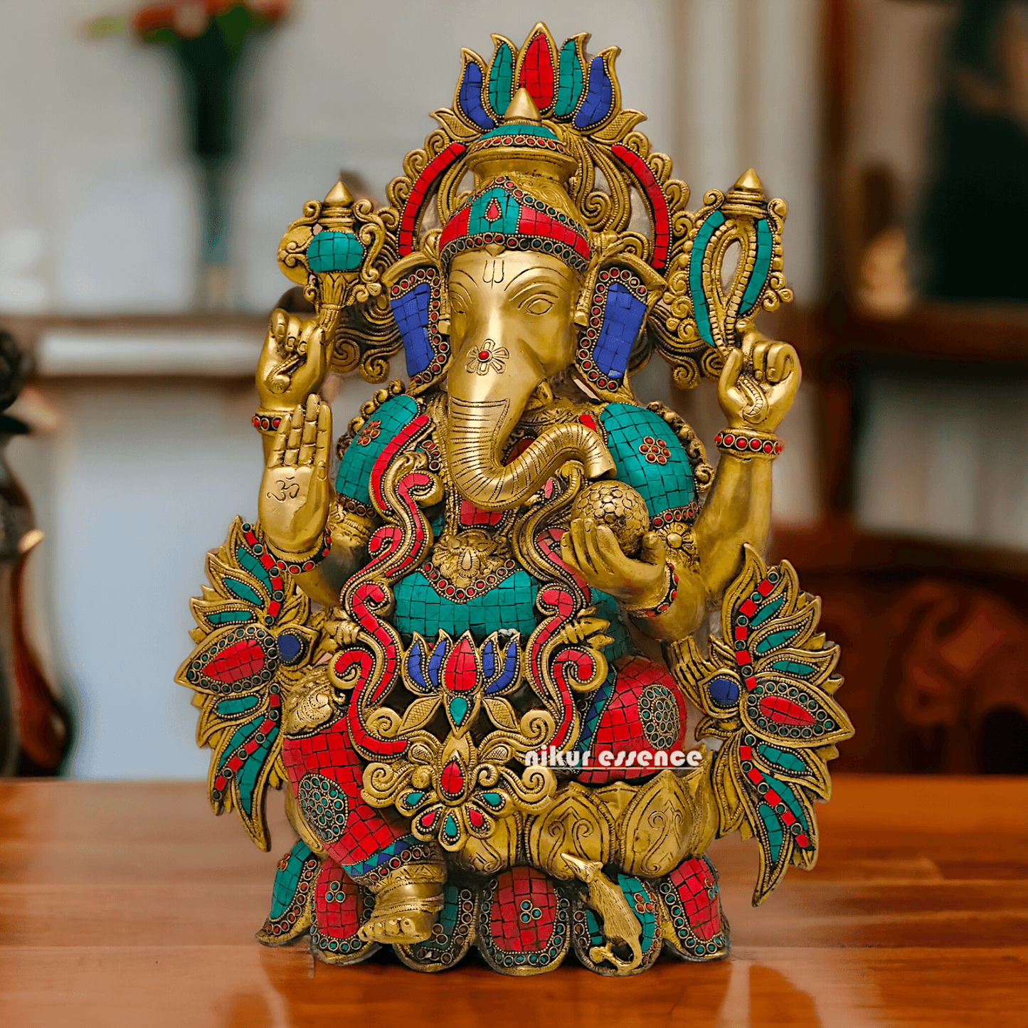 Buy Brass Ganesha Seated on Lotus with stone work - 53 Cm Height Nikuressence