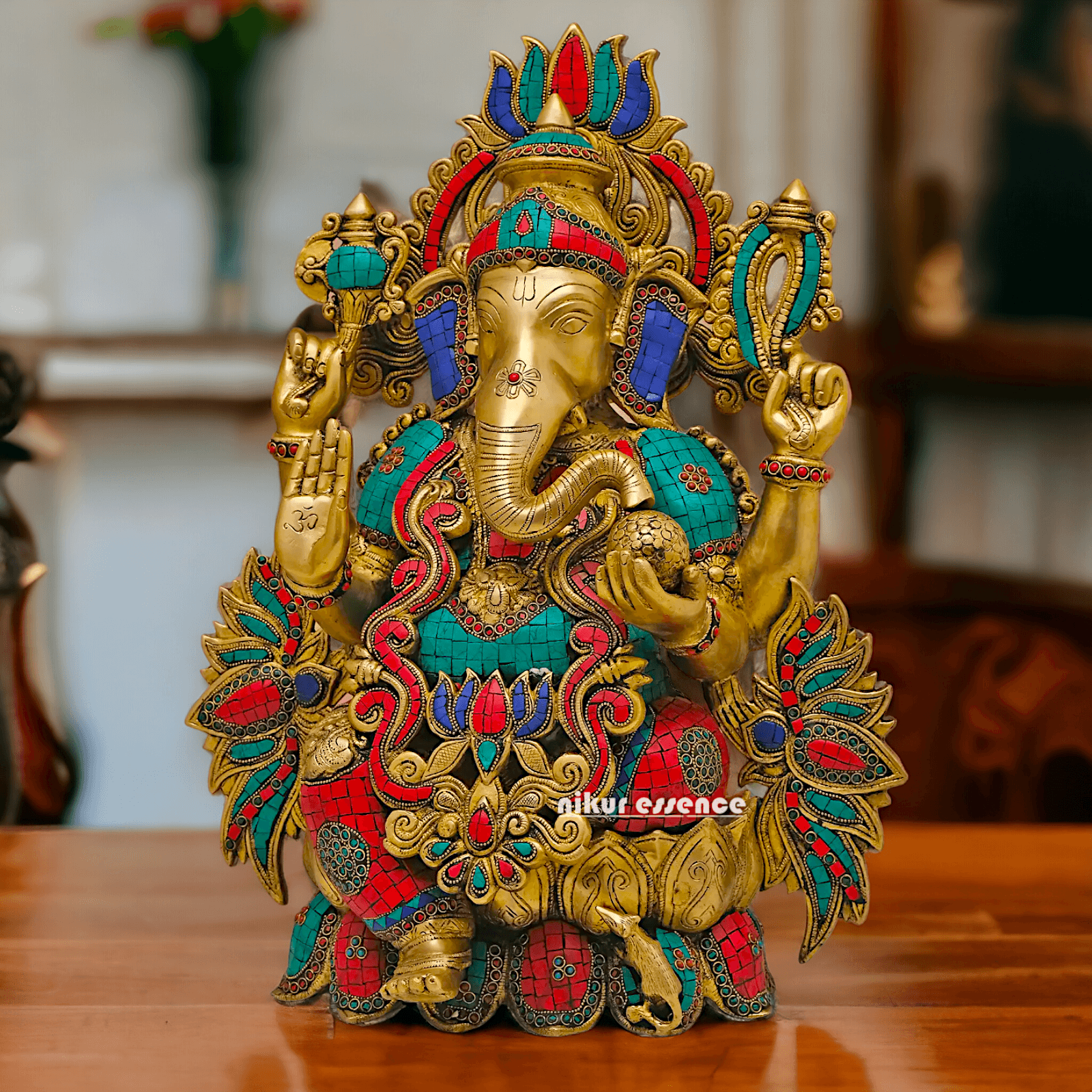 Buy Brass Ganesha Seated on Lotus with stone work - 53 Cm Height Nikuressence