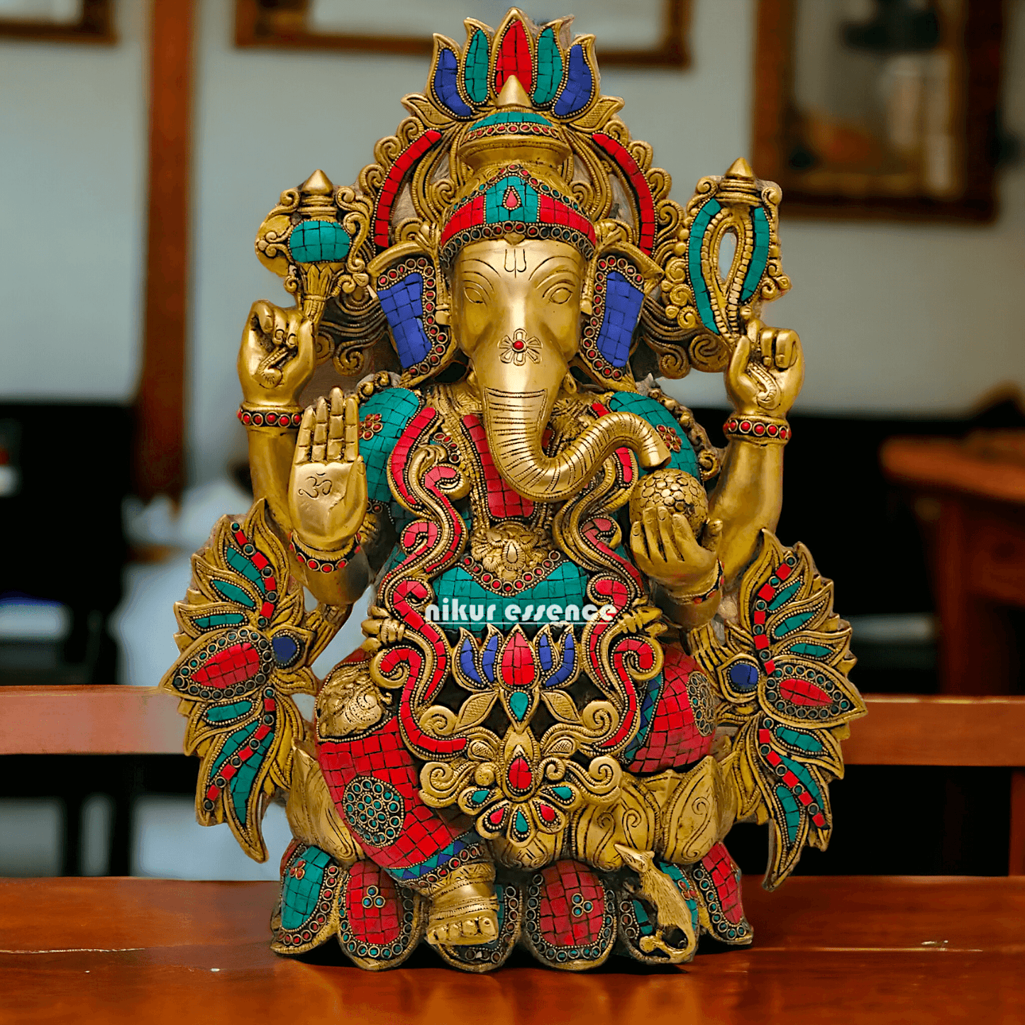 Buy Brass Ganesha Seated on Lotus with stone work - 53 Cm Height Nikuressence