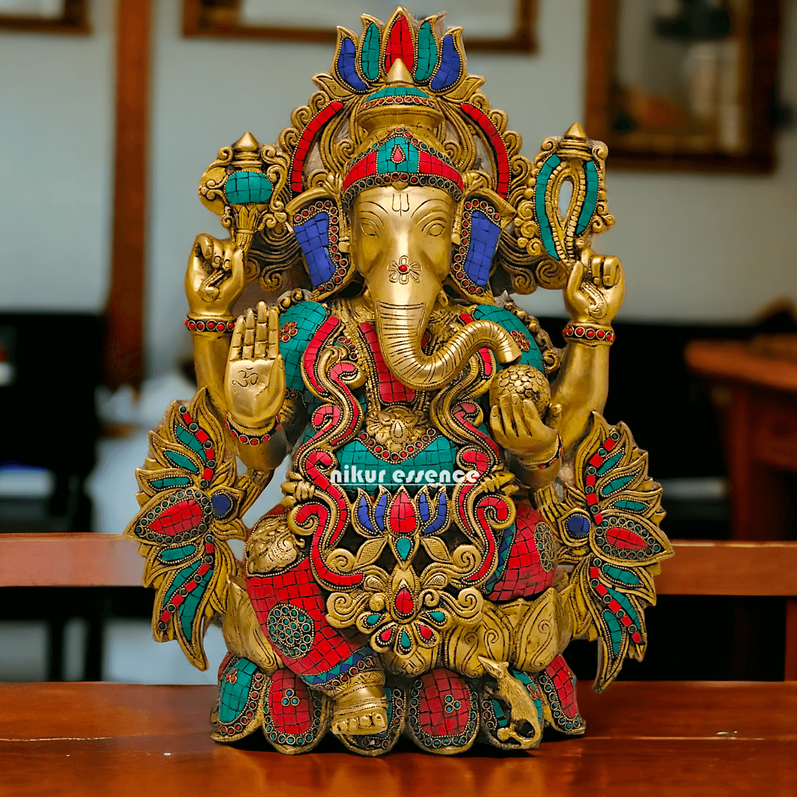 Buy Brass Ganesha Seated on Lotus with stone work - 53 Cm Height Nikuressence