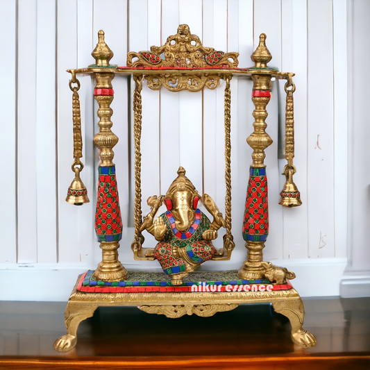 Large Ganesha swing jhula with stone work by Nikur Essence - 40.5 cm Nikuressence