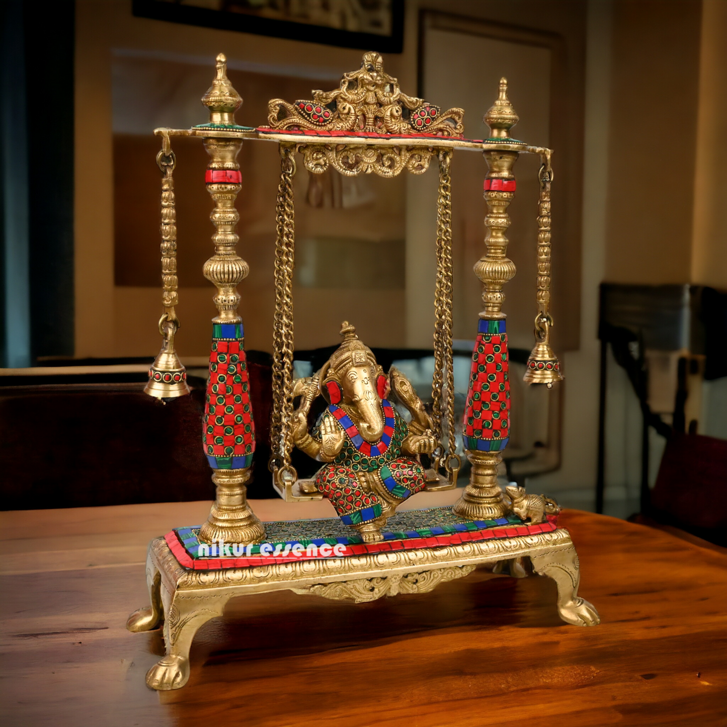 Large Ganesha swing jhula with stone work by Nikur Essence - 40.5 cm Nikuressence
