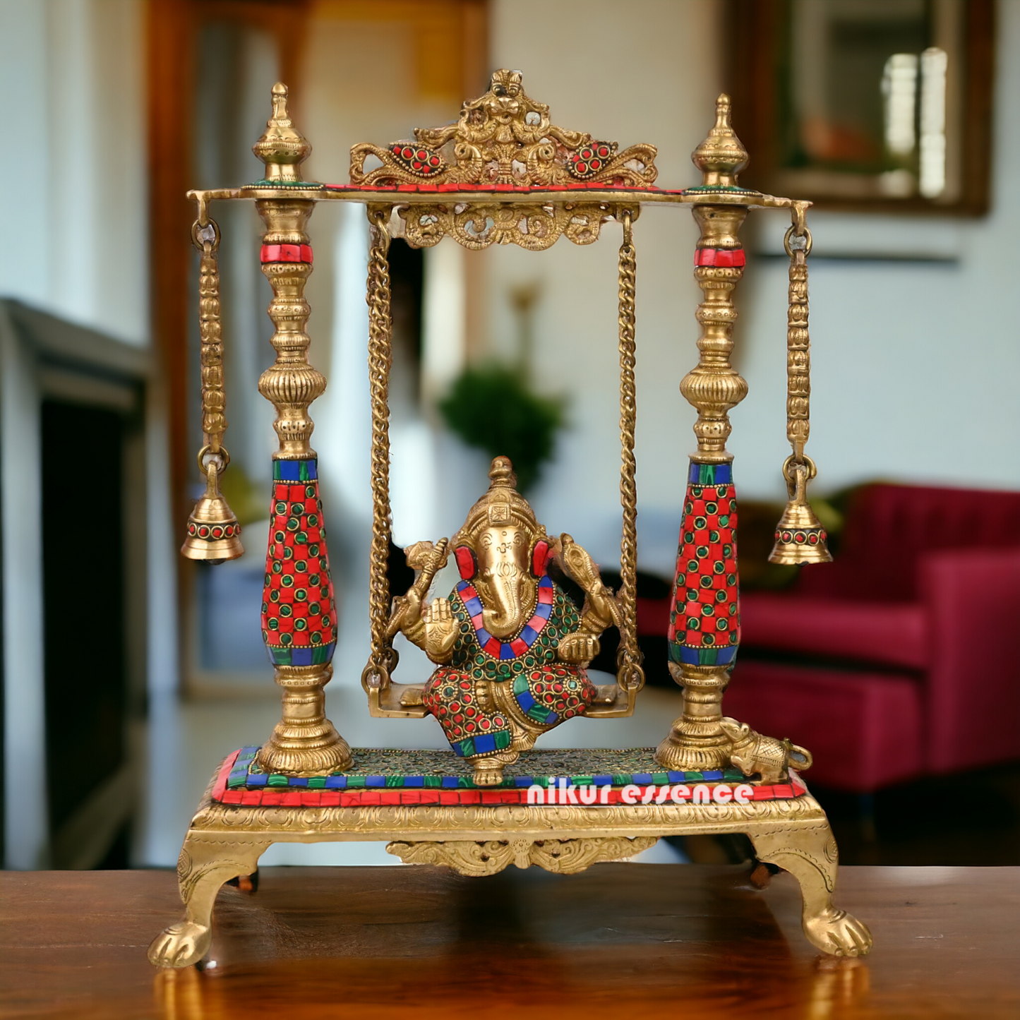Large Ganesha swing jhula with stone work by Nikur Essence - 40.5 cm Nikuressence