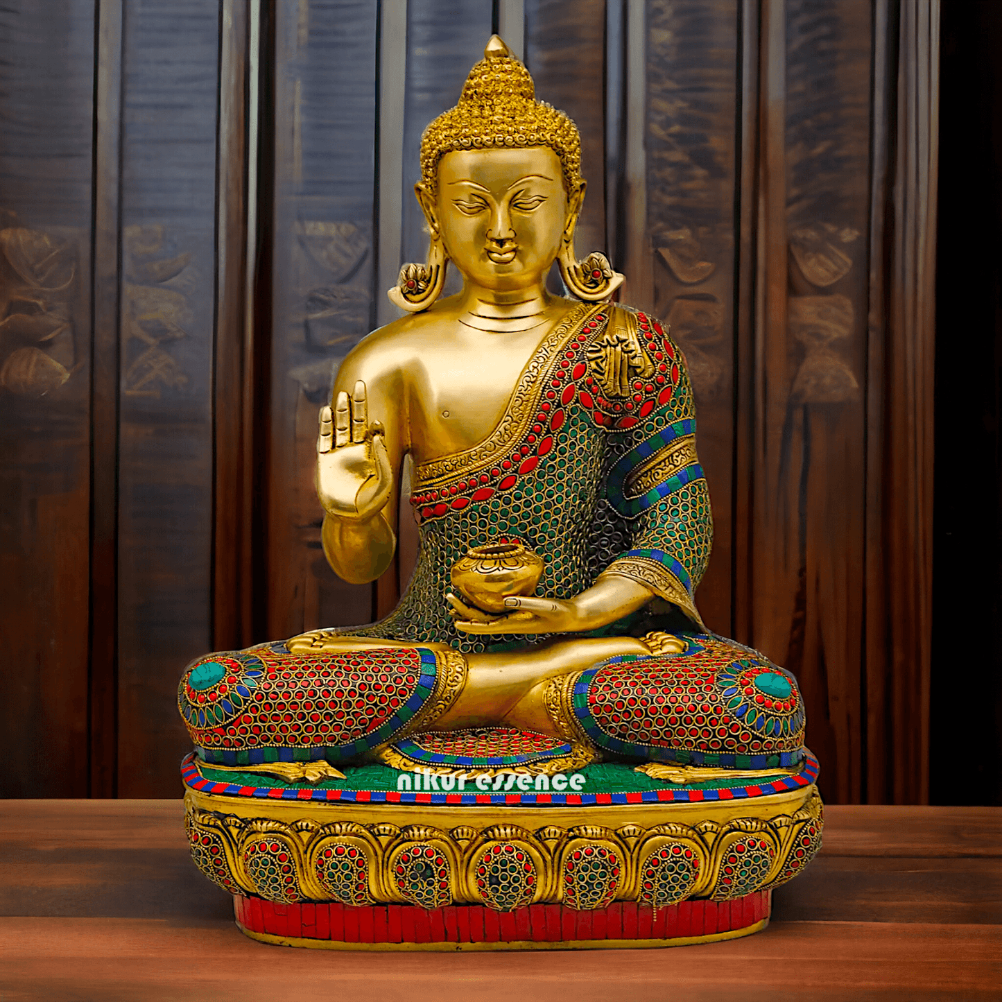Buy Gautam Buddha in Brass Sculpture: Preaching His Dharma with Intricate Inlay Work - 56 cm Nikuressence