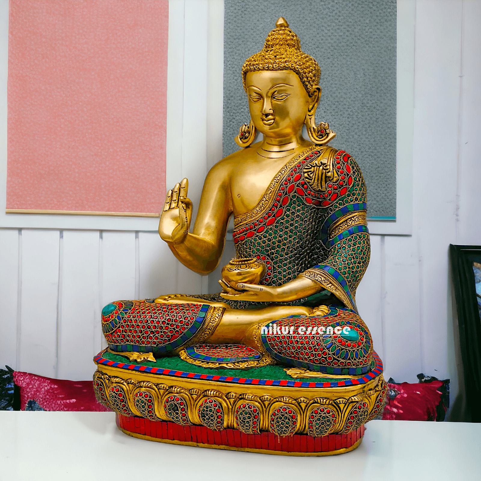 Buy Gautam Buddha in Brass Sculpture: Preaching His Dharma with Intricate Inlay Work - 56 cm Nikuressence