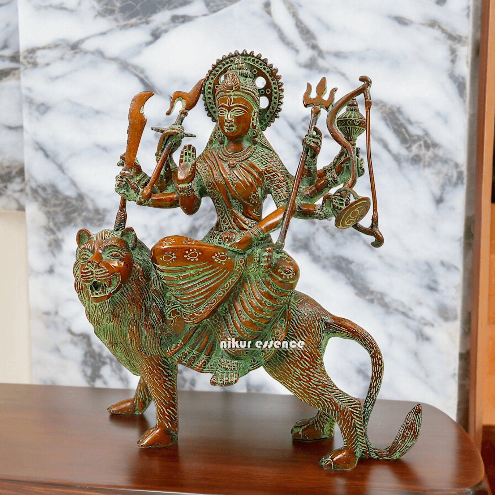 Buy brass 28 cm Mother Goddess Durga Statue - Elegant and Detailed Divine Sculpture, Perfect for Spiritual Altars and Home Decoration | Nikur Essence Nikuressence