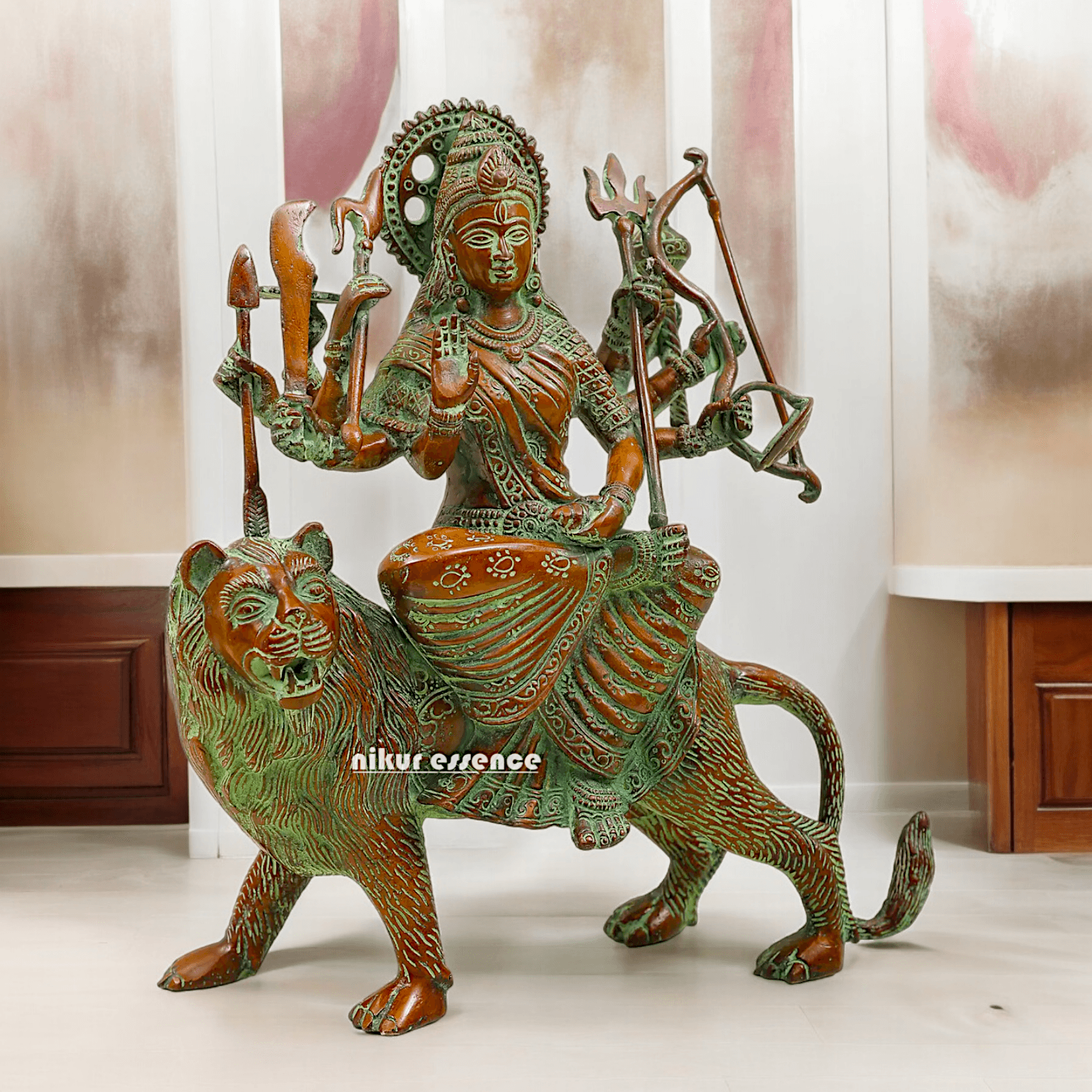 Buy brass 28 cm Mother Goddess Durga Statue - Elegant and Detailed Divine Sculpture, Perfect for Spiritual Altars and Home Decoration | Nikur Essence Nikuressence