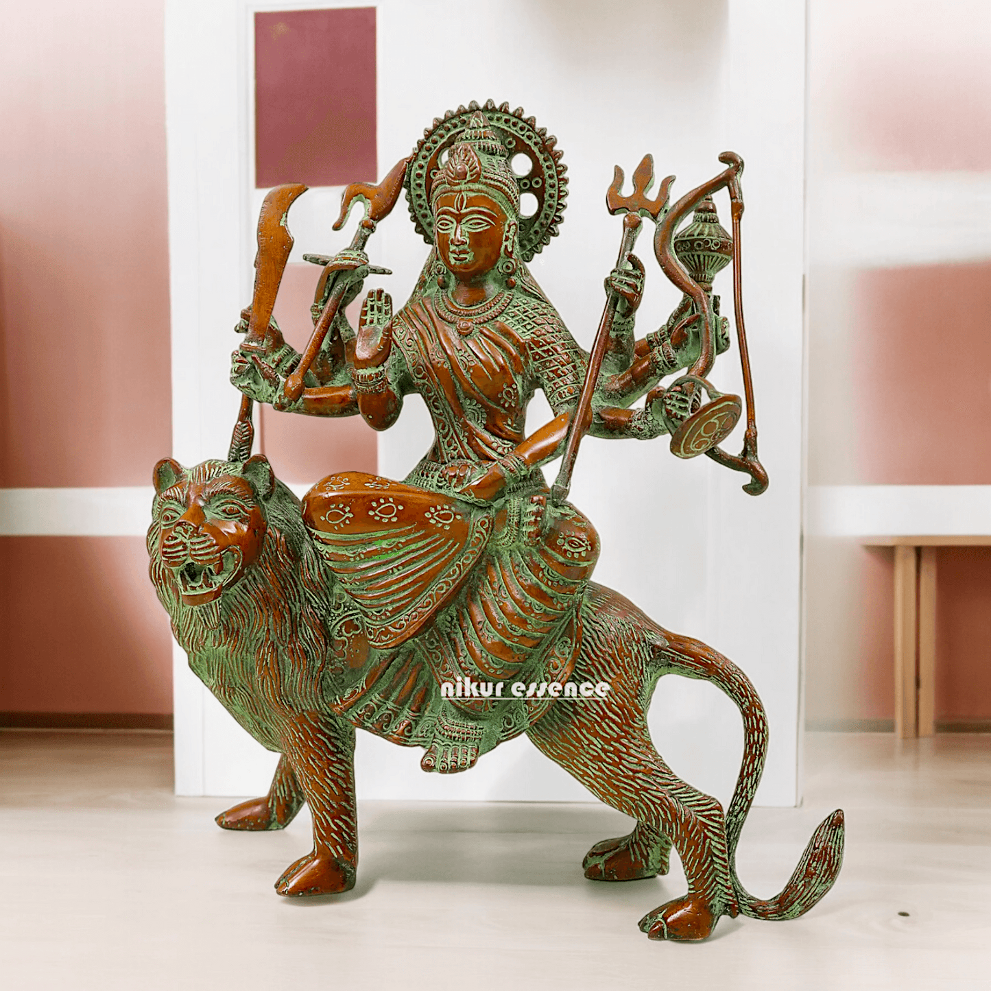 Buy brass 28 cm Mother Goddess Durga Statue - Elegant and Detailed Divine Sculpture, Perfect for Spiritual Altars and Home Decoration | Nikur Essence Nikuressence