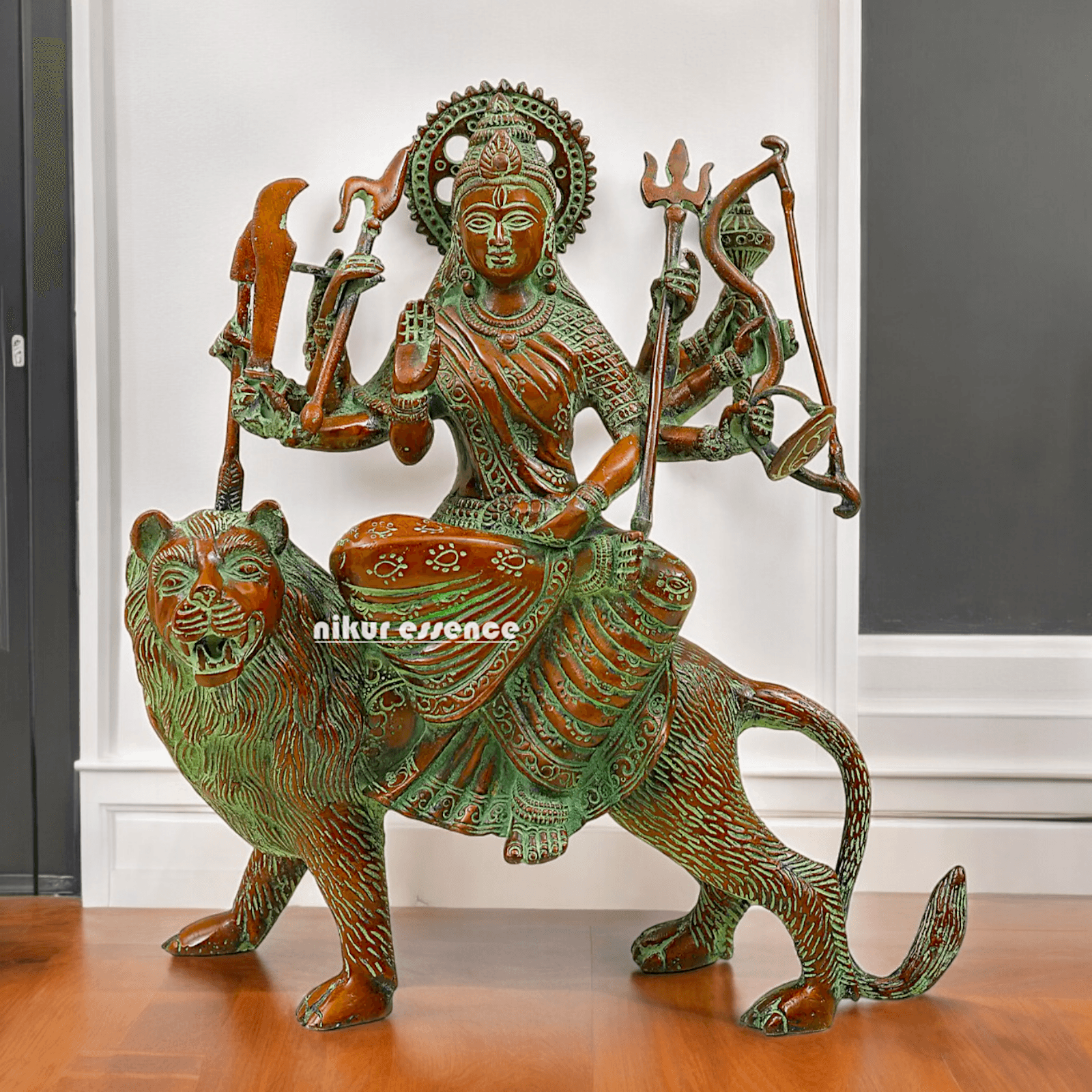Buy brass 28 cm Mother Goddess Durga Statue - Elegant and Detailed Divine Sculpture, Perfect for Spiritual Altars and Home Decoration | Nikur Essence Nikuressence
