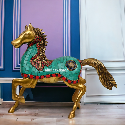 Buy Brass Hores Statue with stone work - 12 inches Nikuressence
