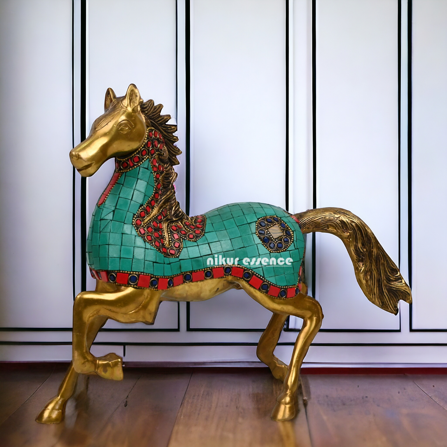 Buy Brass Hores Statue with stone work - 12 inches Nikuressence